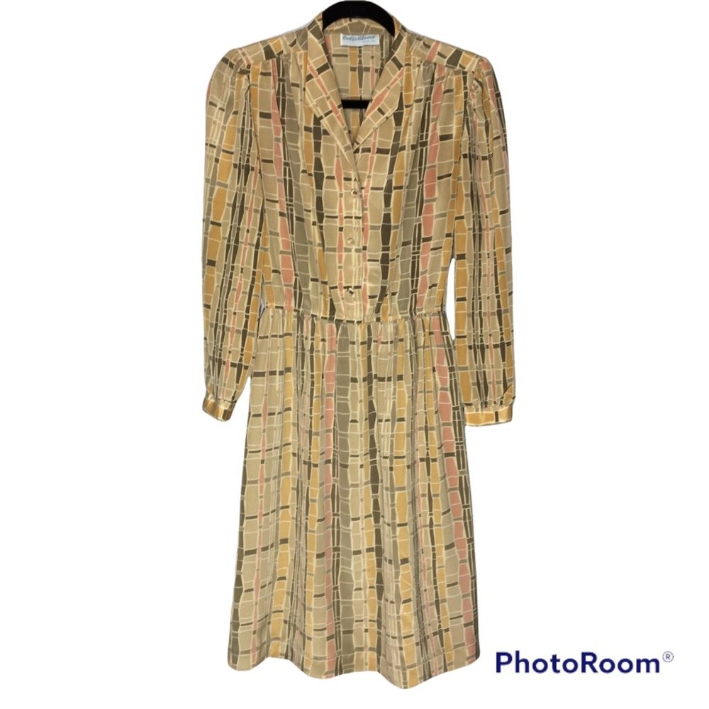 Vintage 70's Tan Secretary's Dress, Abstract Geometric Neutral Print, Day Dress